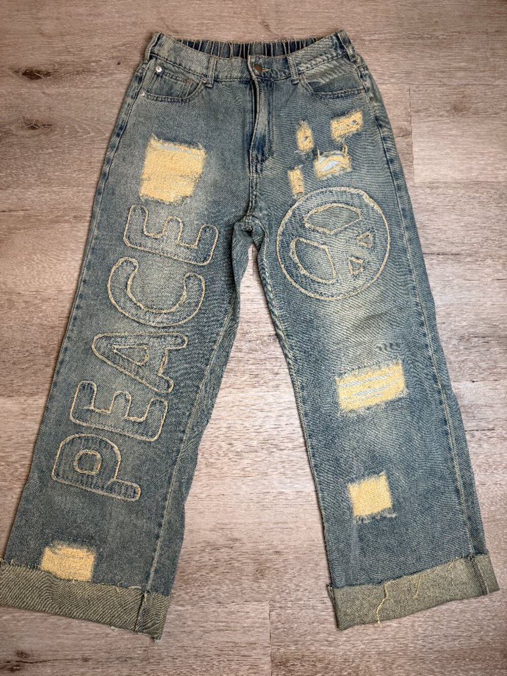 Oli & Hali Peace Patched Distressed Wide Leg Jeans M RARE